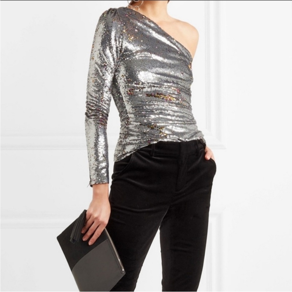 Maje One-Shoulder Silver Sequin Blouse